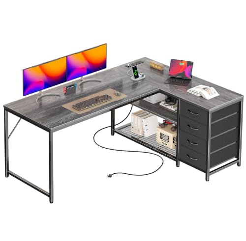 PRAISUN 53" L Shaped Desk with Power Outlets & 4 Drawers | Reversible Computer Desk with 2 Storage Shelves, Large Corner Office Desk for Gaming Writing Work Study, Grey - color: Grey, size: 53 Inch