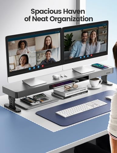 meatanty Dual Monitor Stand with 4 Adjustable Heights, Auto Phone Charging Pad, 4 USB Ports, Computer Riser with Drawers Storage, Metal Double Desk Organizer Lifter Raiser for 2 Monitors Screen Gift