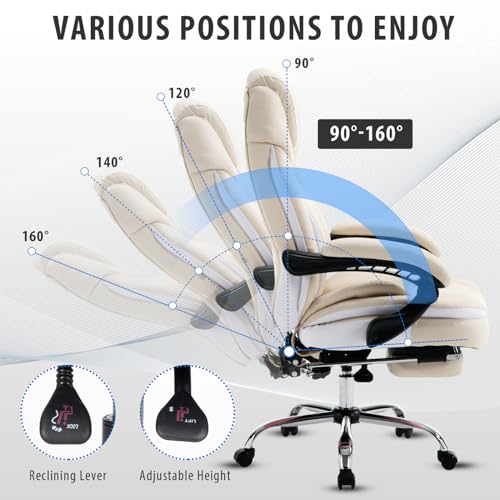 Comfortable Reclining Office Desk Chair with Foot Leg Rest, Beige | Big Tall Computer Gaming Chair, Adjustable Lumbar Back Support, Wide Seat, Heavy Duty, Wheels, Faux Leather - color: Cream Beige
