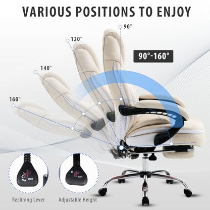 Comfortable Reclining Office Desk Chair with Foot Leg Rest, Beige | Big Tall Computer Gaming Chair, Adjustable Lumbar Back Support, Wide Seat, Heavy Duty, Wheels, Faux Leather - color: Cream Beige