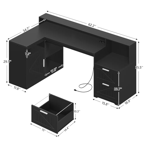 TVU Farmhouse L Shaped Desk with Drawers, 62.2" Home Office Desk with Storage Shelves and Power Outlet, L Shaped Computer Desk with Monitor Stand and Printer Shelf, Black - color: Black