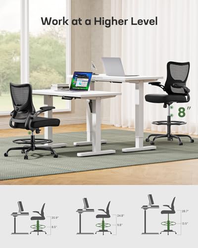 Marsail Drafting Chair, Tall Office Chair with 2D Lumbar Support, Standing Desk Chair with Padded Flip-Up Armrests & Adjustable Footrest Ring, Black - color: Black