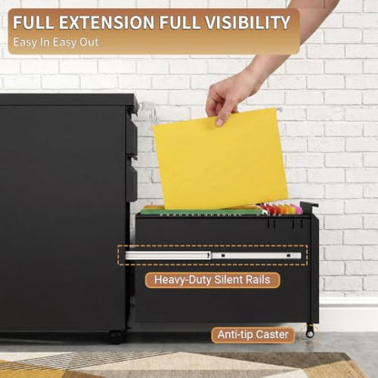 3 Drawer Small Under Desk Rolling File Cabinet with Lock for Home Office | Fully Assembled,Central Locking System,Metal,Pencil Tray,Hanging File Bar,Anti-Tipping Caster - color: Black