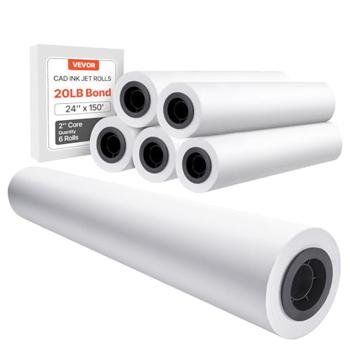 VEVOR Wide Format Paper, 24 in x 150 ft Plotter Media, 6 Rolls CAD Bond Rolls with 2 in Core, 20 LB Bond Rolls, Ideal for CAD Drawings, Engineering Plans, GIS Maps & Architectural Designs - size: 24 in x 150 ft, style: 6 Rolls