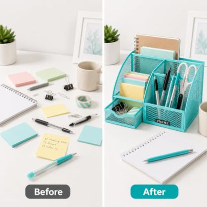 Exerz Desk Organizer 7 Compartments Metal Mesh Pen Holder Turquoise - color: Turquoise