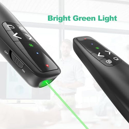 Presentation Clicker with Case, Wireless Presenter Remote & Green Laser | 2‑in‑1 USB/Type C Receiver, Slideshow Google Slide Advancer, Computer PowerPoint PPT Clicker for Mac/Windows Laptop - style: Green Laser + case