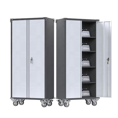 Rolling Garage Storage Cabinet with Locking Door and Shelves, 71''H Lockable Metal Storage Cabinet on Wheels, Steel Tool Cabinet for Warehouse, Basement, Utility Room, Black&Gray - size: Large