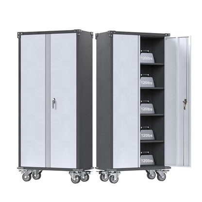 Rolling Garage Storage Cabinet with Locking Door and Shelves, 71''H Lockable Metal Storage Cabinet on Wheels, Steel Tool Cabinet for Warehouse, Basement, Utility Room, Black&Gray - size: Large