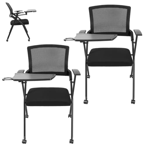Folding Office Chair, Stackable Conference Chair with Casters and Tabletop | 300 lbs Capacity – Space-Saving for Meeting Room, Reception, Guest (Pack of 2 with writing pad) - size: M1 2pc