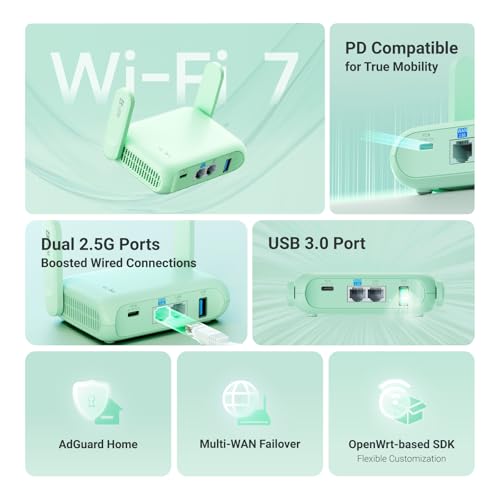 GL.iNet GL-MT3600BE Beryl 7 Dual-Band Wi-Fi 7 Travel Router | Dual-Band Wi-Fi 7 688 plus 2882 Mbps, Dual 2.5G ports, USB 3.0, WireGuard 1100 Mbps, OpenWrt 21.02, WPA3, AdGuard Home, 205g