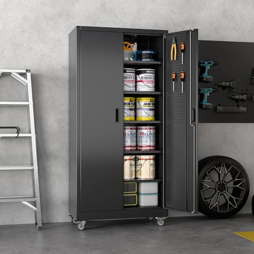 Aobabo Metal Garage Storage Cabinet with Wheels, 71" H, Black | 34" W x 18" D steel cabinet with 5 adjustable shelves, lockable doors, pegboards, hooks and 4 lockable casters - color: Black, size: 18"D x 34"W x 71"H-0 Drawers