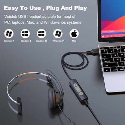 Voistek USB Headset with Noise Canceling Mic,Single-Ear Headset for PC - color: ink black