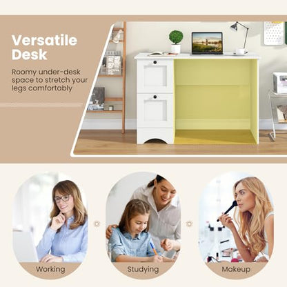 Tangkula White Desk with Drawers & Charging Station, Wooden Home Office Desk PC Laptop Notebook Desk, Compact Study Desk Writing Desk, Computer Workstation Ideal for Home & Office - color: White