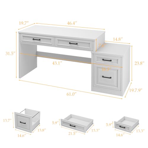 Vabches 61" Farmhouse Computer Desk with Storage and File Drawer, White | Executive Desks with Printer Stand, Rustic Large Home Writing Desk for Home Office - color: White