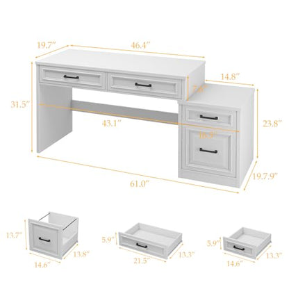 Vabches 61" Farmhouse Computer Desk with Storage and File Drawer, White | Executive Desks with Printer Stand, Rustic Large Home Writing Desk for Home Office - color: White