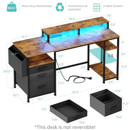 Lufeiya Gaming Desks with Led Lights and Power Outlets, 55 Inch Study Writing Computer Desk with Fabric File Drawers Cabinet for Bedroom, Home Office Desk with Shelves Monitor Stand, Rustic Brown