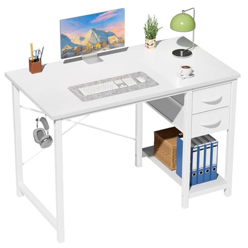 Sweetcrispy 40-Inch Computer Desk with Drawers, Office Desk, White | Small Desk for Bedroom Home Office with Side Hook, Modern Simple desk with storage for Writing - color: White, size: 40 Inches