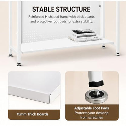 Desktop Hutch Bookshelf, 2-Tier Metal Desk Shelf Bookcase, Countertop Storage Organizer, Multipurpose Display Rack with Pegboard Hooks Screwdriver Set for Dorm Office Home (White, 29.53")