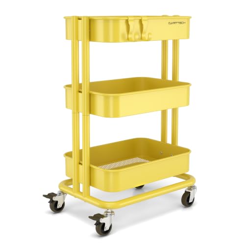 3 Tier Rolling Cart Metal Utility Cart with Lockable Wheels Home Office - color: Yellow, size: Small