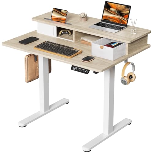 JOY worker 35" Small Electric Standing Desk with Monitor Stand & Drawer | Light Walnut 35" x 25" Height Adjustable Desk for Tight Space, Shutter Door & Shelf, Sit Stand Desk with 2 Hooks, Home Office - color: Light Walnut, size: 35inch
