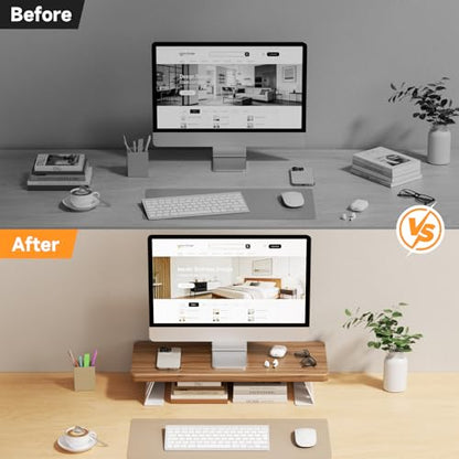 Monitor Stand Riser, 24 Inch Wood Desk Monitor Riser for Laptop/PC/Printer - color: Light Walnut - White Legs