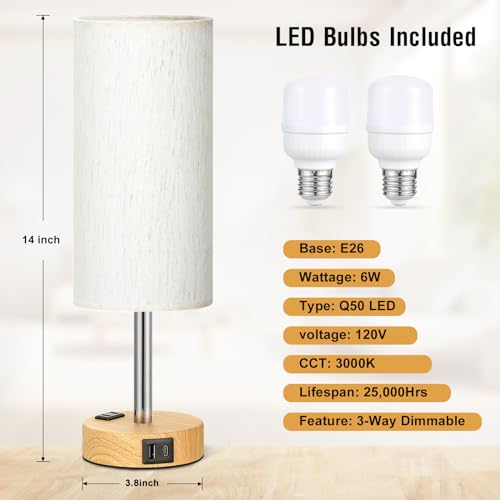 Fenmzee Small Touch Table Lamps Set of 2-3-Way Dimmable, USB A + C Charging, AC Outlet, Wood Grain Base, Bulbs Included - color: Cream - Wood Grain 2, size: 14" Touch Control