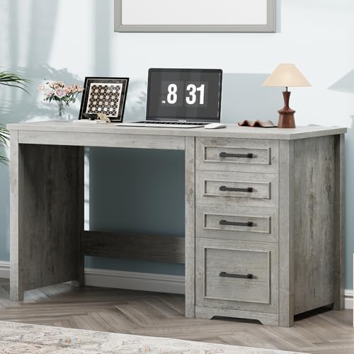 Vabches Farmhouse 49” Executive Desk with File Drawer, Grey | 4 Drawers Reversible Computer Desk with Storage, Rustic Home Writing Workstation for Home Office - color: 49in Grey