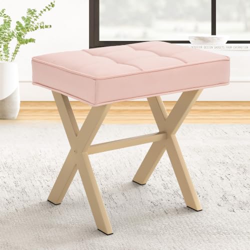 LUE BONA Vanity Stool, Square Linen Makeup Stool with Metal X Legs, Small Ottoman Stool Chair for Vanity, Modern Padded Vanity Seat Foot Rest Stool for Makeup Room, Bathroom, Pink Color - color: Pink
