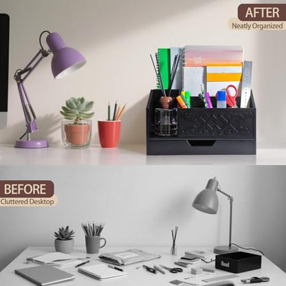 Black Wooden Mail Organizer with Drawer, Three Tiered Desk Accessories for Office Organization and Storage, Stylish Countertop Document Storage, Home/Office/Classroom Supplies (Black03) - style: Black03