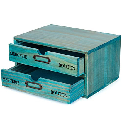 Turquoise 2-Tier Drawer Unit - European Country Style Desk Organizer Box - 9.7x7x5.1" Teal Wooden Stackable Drawers - Countertop Organizer Drawers w/Label Holder - Double File Drawer Unit - style: 2 Drawer I 5.1"