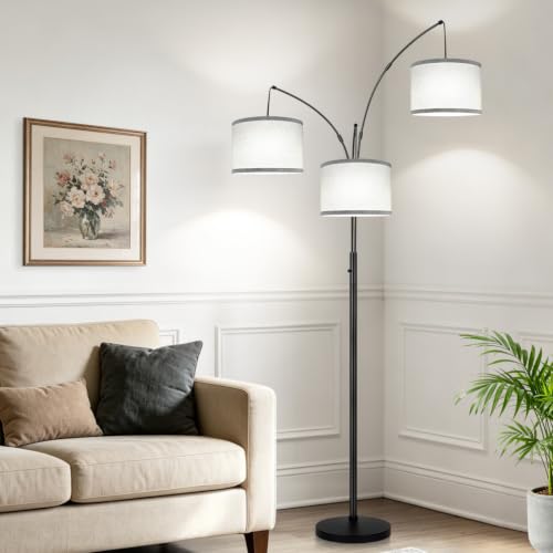 Dimmable Floor Lamp, 3 Lights Black Arc Floor Lamp, Modern Tall Standing Tree Lamp with Grey Linen Shades & Heavy Base, 3000LM LED Bulbs, Bright Lighting for Living Room, Bedroom, Office & Reading - color: Matte Black-Gray Linen Shades
