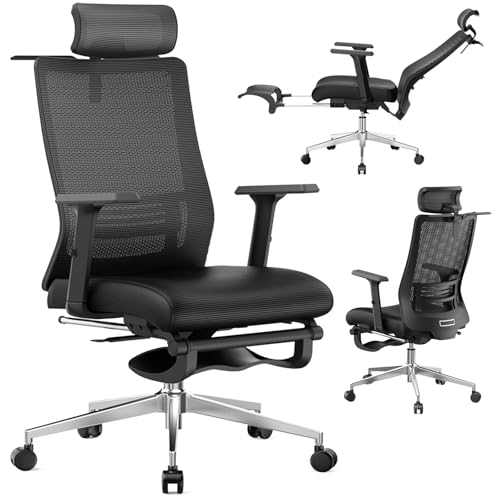 Ergonomic Office Chair with Footrest,145° Reclining | Adjustable Lumbar & Headrest, 3D Armrests, Silent Casters, Heavy Steel Base, 350LB Load, Swivel Home Office Chair