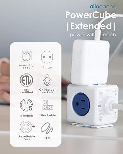 Allocacoc PowerCube Extended Blue Power Strip, 5ft Extension Cord Cube 5 Outlets, Compact Desktop Charging Station, Mounting Dock, Space Saving Surge Protector for Home Office Dorm, ETL Certified