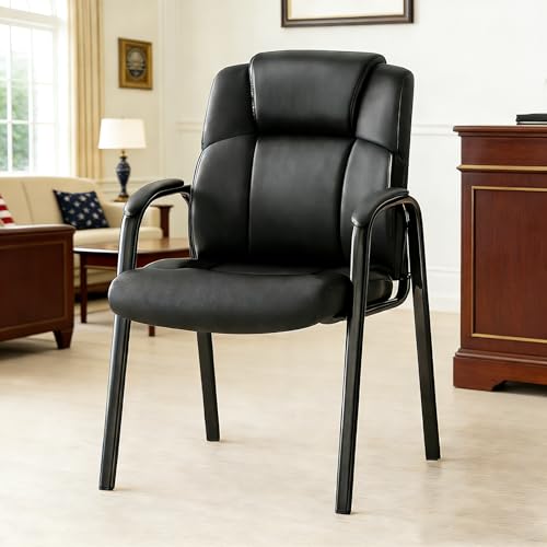 Simple Deluxe Office Guest Chair with Padded Armrests (No Wheels), Stationary Leather Reception Chair for Waiting Room, Conference Room, Lobby, Home, Desk Side & Dining, Black - color: Black New, size: 1 Pack Thickened Cushion