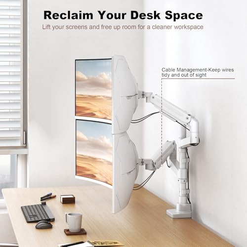 Heavy Duty Dual Monitor Arm for 17-49" Screens, Vertical Stack, 44lbs - color: White