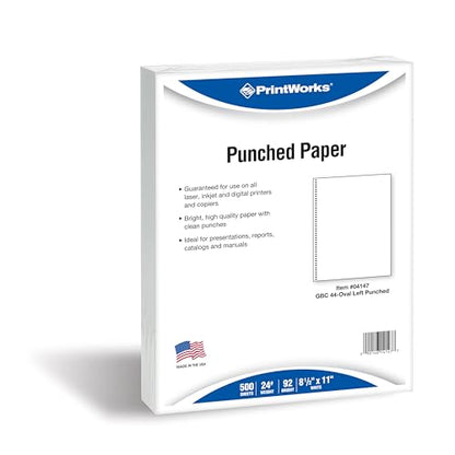 PrintWorks Professional Pre-Punched Spiral Binding Paper - 44-Hole (4:1 Pitch Hole Punch) - Book Binding Printer Paper - Made in the USA - 500 Sheets - 8.5" x 11" - 24 lb - 92 Bright White (04147) - size: 24 lb, style: Spiral, 44-Hole