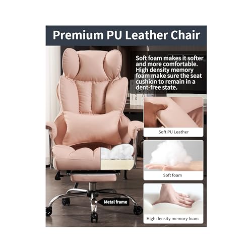 Efomao Big and Tall Office Chair 400LBS - Pink Heavy Duty Executive Office Chair with Footrest, Ergonomic Home Office Desk Chair, Wide Computer Chair for Heavy People | 400lbs support, 135° recline, dual-layer foam cushion, 23.5" seat & footrest. BIFMA -