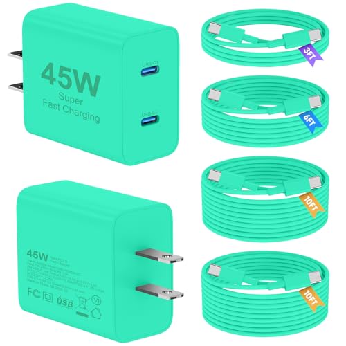 Super Fast Samsung Charger Type C, 2 Pack 45W Dual Port USB C Fast Charger - color: Green, size: 2pack-(3+6+10+10)ft
