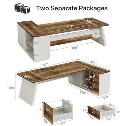 Tribesigns L-Shaped Executive Desk, 78-Inch Modern Office Desk with Drawers and Lateral File Cabinet, Large Bussiness Furniture with Storage Shelves, Workstation for Home Office (Brown + White) - color: Brown + White