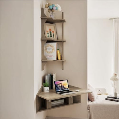 Pmnianhua Floating Corner Desk,Wall Mounted Table with Shelves,Folding Corner Shelf,Wall Corner Shelf for Small Space Computer(Rustic Grey)
