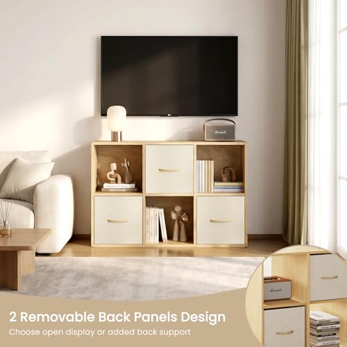 EXPERLAM 6 Cube Storage Organizer - Solid Wood Bookshelf with 3 Storage Bins, Cube Shelf with 2 Removable Back Panels, Vertical or Horizontal Bookcase, Open Book Shelf for Bedroom, Living Room, Office - size: 6 Cube Shelf