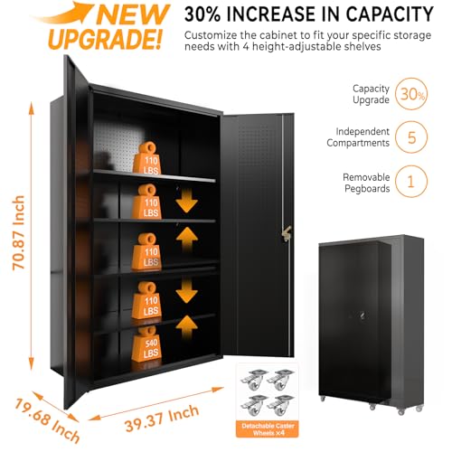 Upgraded Tall & Wide Metal Storage Cabinet with Doors & 4 Adjustable Shelves | Heavy-Duty Black Lockable Garage Cabinet with Wheels & Pegboard for Office, Gym, Basement, Warehouse (Black) - color: Black- Large
