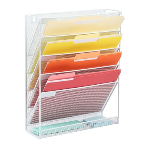 Desk File Organizer Mesh 6-Tier, Hanging Wall Mount Document Organization Stand, Desktop Vertical Mail Paper Folder Holder Rack with Bottom Tray for Office Home Cubicle Countertop, White - color: White, size: 6 Tier
