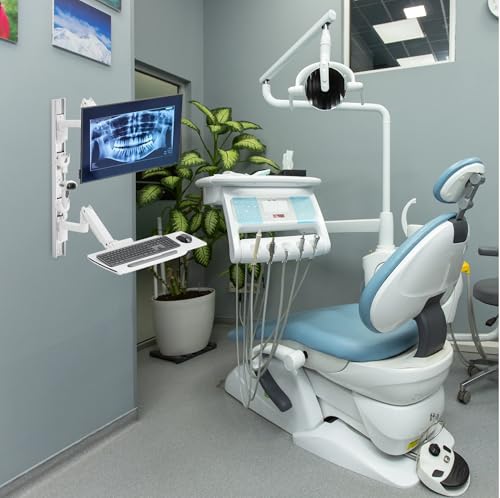MED10 Medical Monitor Wall Mount with Folding Keyboard Tray and Mouse Pad | Scanner Holder | Heavy Duty Height Adjustment Folding Design for 17"-49" Monitor On Wall Track with CPU Wall Mount
