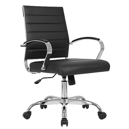 LANDSUN Home Office Chair Mid Back Desk Chair PU Leather Ribbed Executive Swivel Computer Chair with Wheels and Armrests Soft Padded Adjustable Height Conference Task Black