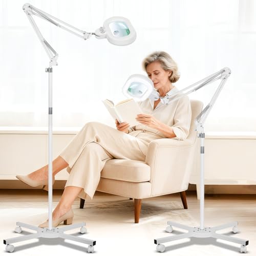 KIRKAS Magnifying Glass with Light and Stand, 12X 30X Real Glass Lens | Infinite Color Dimmable, 2 in 1 Lighted Magnifier Floor lamp for Workbench, Craft, Sewing, 4 Wheel Rolling Stable Base White - color: Matte White