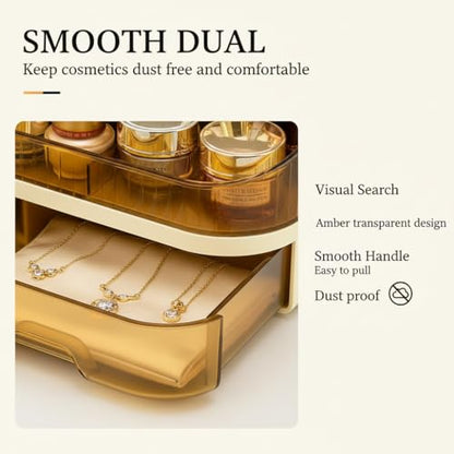 Makeup Organizer Countertop with Dual Drawers, Large Capacity Cosmetic Storage for Vanity Bathroom Skincare, 360° Rotating Makeup Brush Holder - color: brown