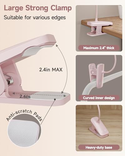 CUHIOY Rechargeable Clip on Reading Light for Bed Headboard, Pink, 1 Pack | Large Clamp Flexible Neck, Battery Desk Lamp, 5 Color 5 Brightness Touch Control, Flicker-Free LED Bedside Night Light - style: 1Pack Pink