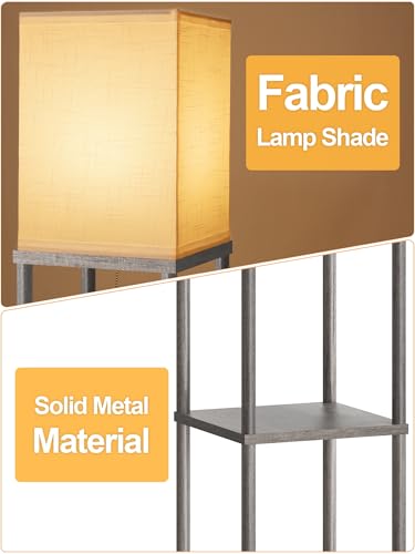 Floor Lamp with Shelves for Living Room Oak Gray, Shelf Floor Lamp with 3 CCT LED Bulb, Corner Display Standing Column Lamp Etagere Organizer Tower Nightstand with White Linen Shade for Bedroom Office - color: Oak Gray