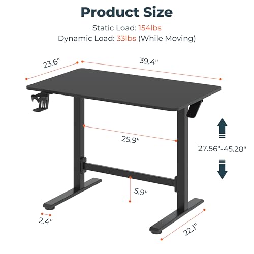 40''Pneumatic Standing Desk,Onepiece Adjustable Height Home Office | Black 39.4" x 23.6" Home Desk Rolling Computer Workstation with Hooks & Cup Holder,Hidden Casters - color: Black, size: 4024